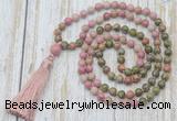 GMN6361 Knotted 8mm, 10mm unakite & pink wooden jasper 108 beads mala necklace with tassel