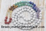 GMN6422 Hand-knotted 7 Chakra 8mm, 10mm white howlite 108 beads mala necklaces