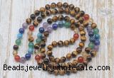 GMN6423 Hand-knotted 7 Chakra 8mm, 10mm yellow tiger eye 108 beads mala necklaces