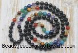 GMN6427 Hand-knotted 7 Chakra 8mm, 10mm black obsidian 108 beads mala necklaces
