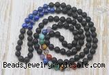 GMN6428 Hand-knotted 7 Chakra 8mm, 10mm black lava & lapis lazuli 108 beads mala necklaces