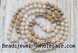 GMN6445 Hand-knotted 8mm, 10mm white fossil jasper & picture jasper 108 beads mala necklaces