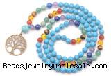 GMN6485 Knotted 7 Chakra 8mm, 10mm turquoise 108 beads mala necklace with charm