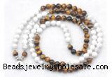 GMN7087 Chakra 8mm white howlite & yellow tiger eye 108 mala beads wrap bracelet necklaces