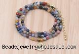 GMN7520 4mm faceted round tiny mixed gemstone beaded necklace with letter charm