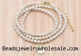 GMN7524 4mm faceted round tiny white fossil jasper beaded necklace with letter charm