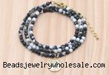 GMN7541 4mm faceted round tiny black & white jasper beaded necklace with letter charm