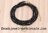 GMN7545 4mm faceted round tiny black onyx beaded necklace with letter charm
