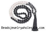 GMN8560 8mm, 10mm black labradorite, matte rose quartz & black agate 108 beads mala necklace with tassel