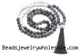 GMN8561 8mm, 10mm snowflake obsidian, matte white howlite & garnet 108 beads mala necklace with tassel