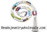 GMN8606 Hand-knotted 7 Chakra 8mm, 10mm white howlite 108 beads mala necklace with tassel