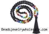 GMN8615 Hand-knotted 7 Chakra 8mm, 10mm black lava 108 beads mala necklace with tassel