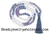 GMN8629 8mm, 10mm matte amethyst, white crystal & lapis lazuli 108 beads mala necklace with tassel