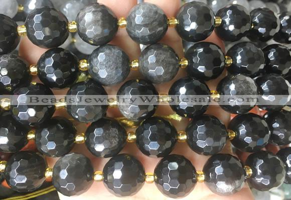 LSBS15 15 inches 16mm faceted round silver obsidian beads wholesale