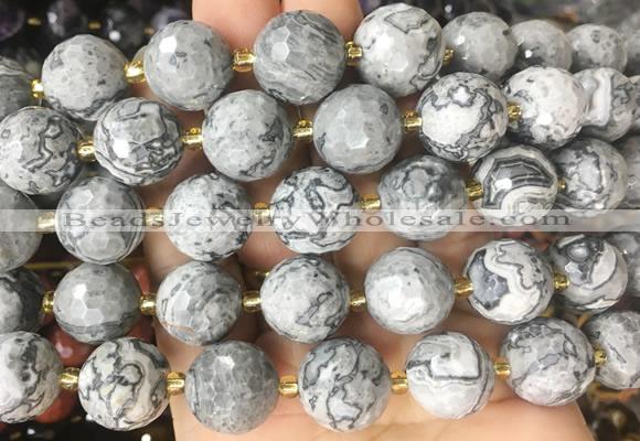 LSBS16 15 inches 16mm faceted round grey picture jasper beads wholesale