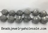 LSBS330 7.5 inches 30mm faceted round grey picture jasper gemstone beads wholesale