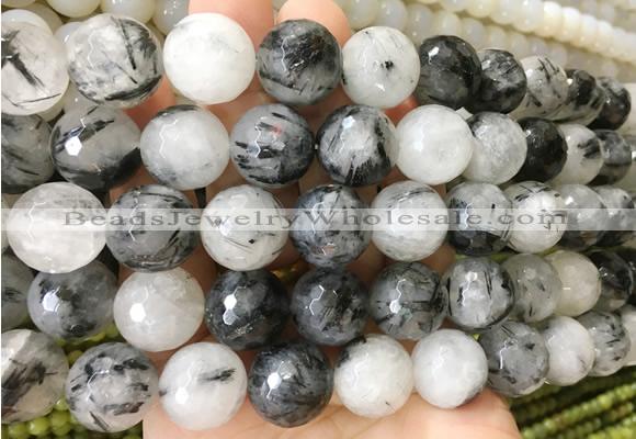 LSBS88 15 inches 16mm faceted round black rutilated quartz beads wholesale