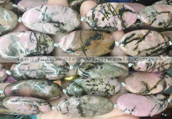 OVBS82 15 inches 20*40mm oval black veined rhodonite gemstone beads wholesale