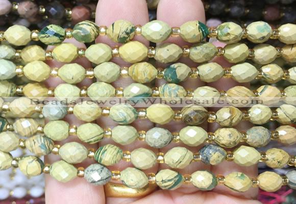 RIBS46 15 inches 6*8mm faceted rice green dragon jasper beads wholesale